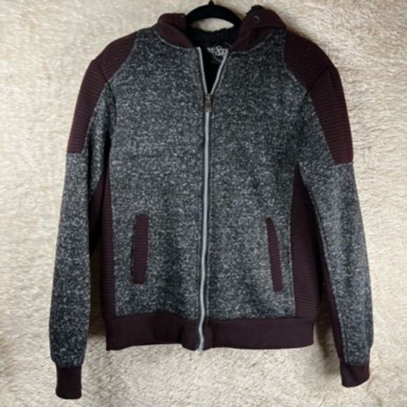 Brooklyn Standard Mens Sherpa Jacket Gray Maroon Heathered Hooded Zip Pockets S - Picture 1 of 12